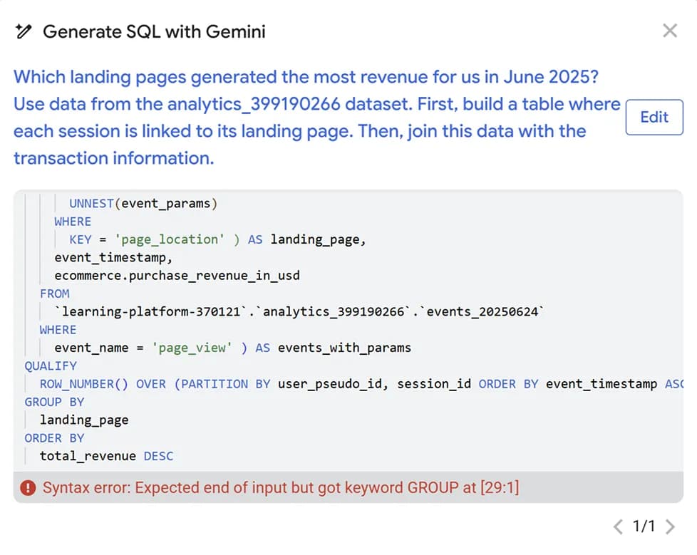 39.14 Syntax error in Gemini sql