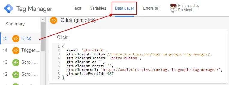 17.6 Element Information from dataLayer in GTM Debugger