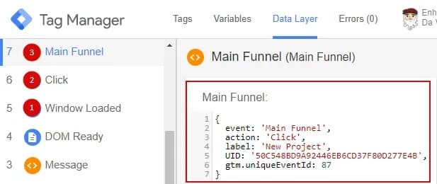 24.7 Data sent to the dataLayer during a custom event