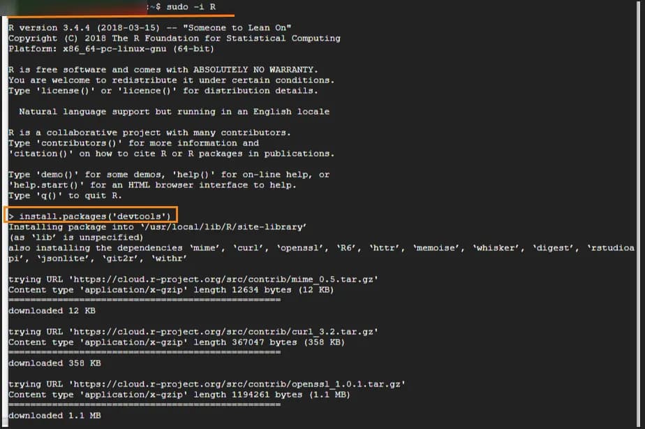 34.15 Installing required packages using the install.packages command from the Ubuntu console